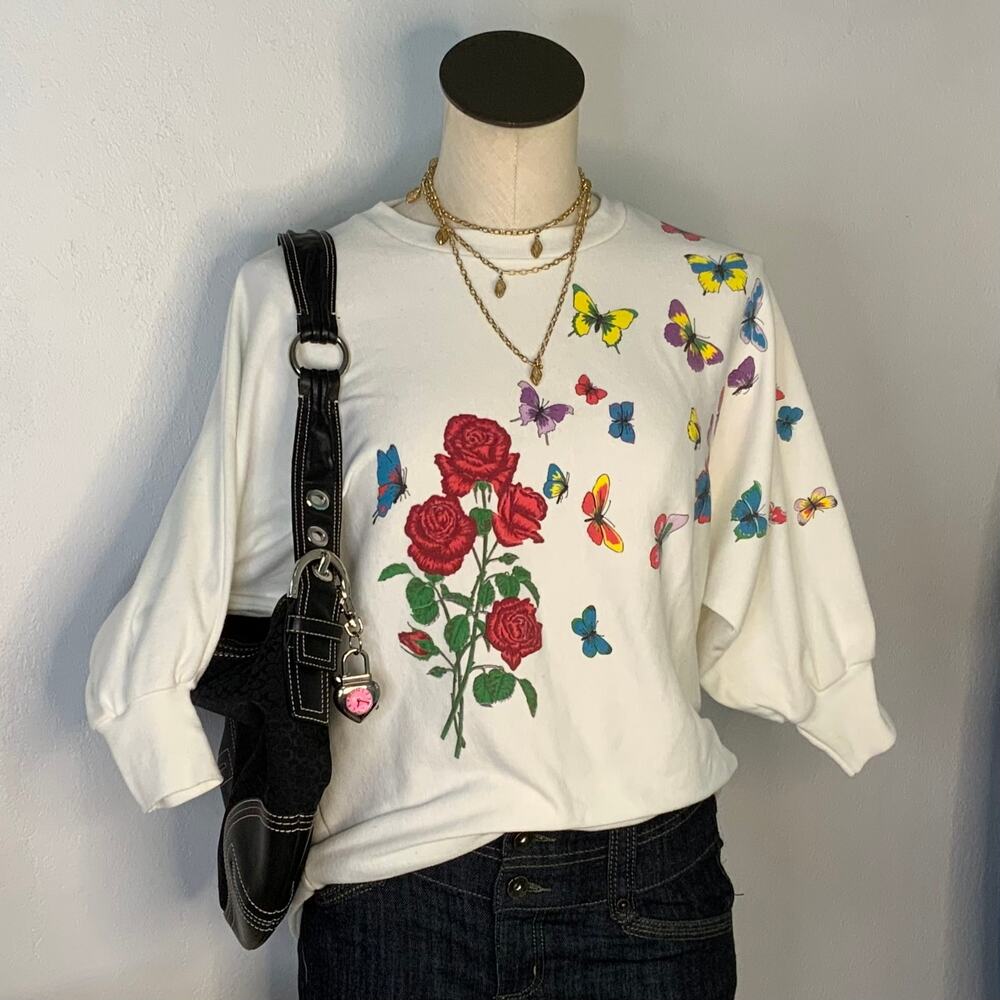 Vintage Butterfly Rose White Sweatshirt Grandmacore Maxmalist Cottagecore